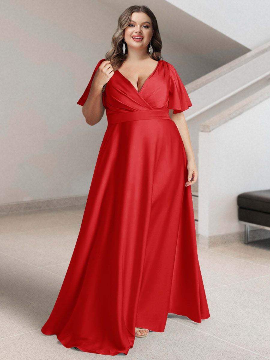 Plus Size Silk Satin Bridesmaid Dress with Pockets – A-Line Princess V-Neck Short Sleeves