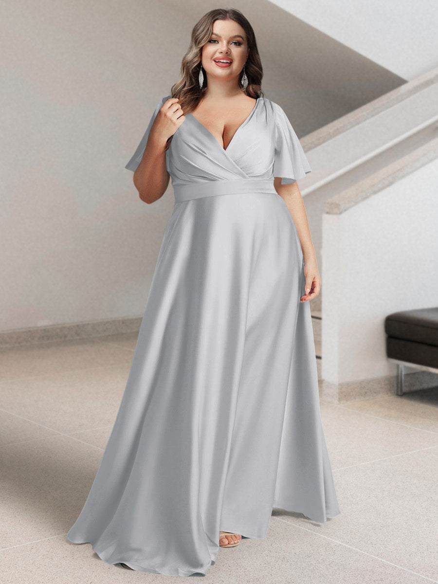Plus Size Silk Satin Bridesmaid Dress with Pockets – A-Line Princess V-Neck Short Sleeves