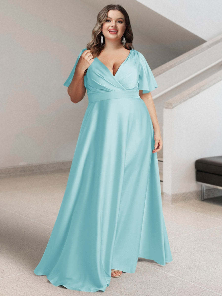 Plus Size Silk Satin Bridesmaid Dress with Pockets – A-Line Princess V-Neck Short Sleeves