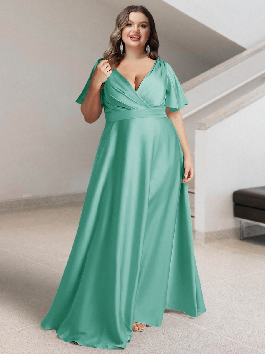 Plus Size Silk Satin Bridesmaid Dress with Pockets – A-Line Princess V-Neck Short Sleeves