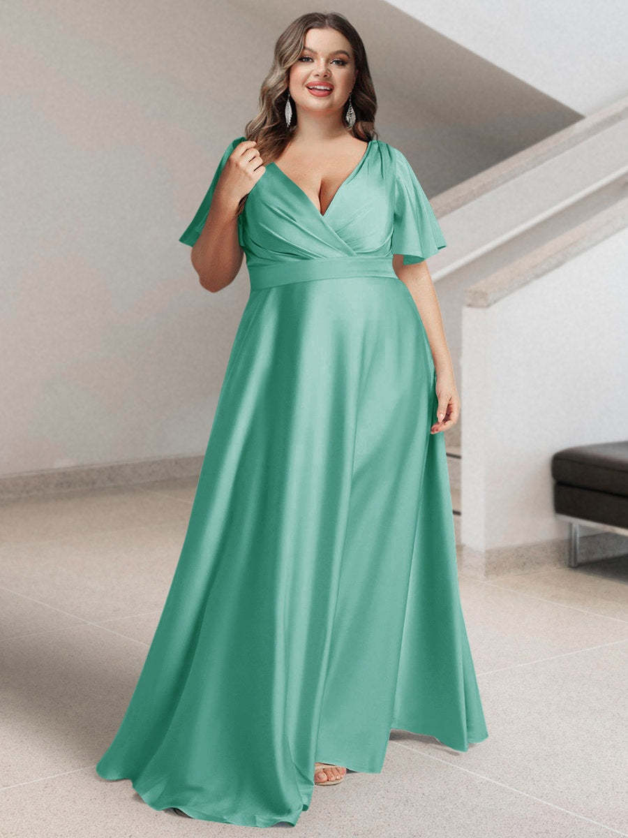 Plus Size Silk Satin Bridesmaid Dress with Pockets – A-Line Princess V-Neck Short Sleeves