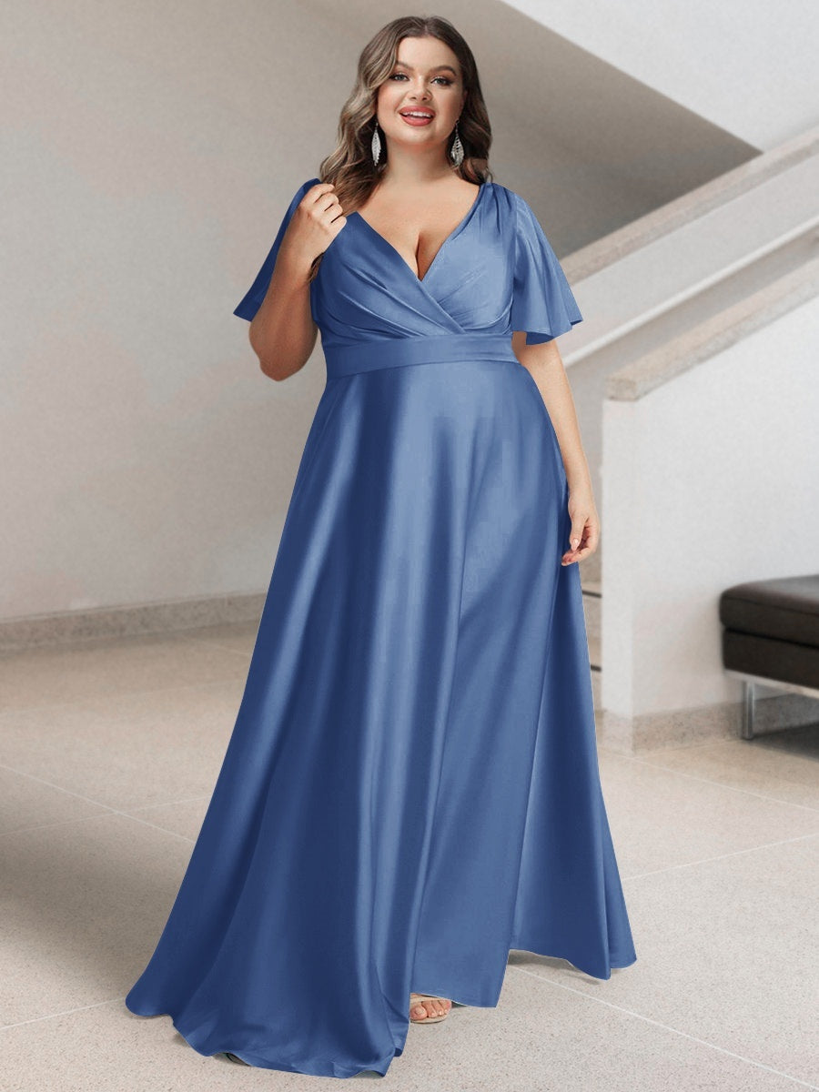 Plus Size Silk Satin Bridesmaid Dress with Pockets – A-Line Princess V-Neck Short Sleeves