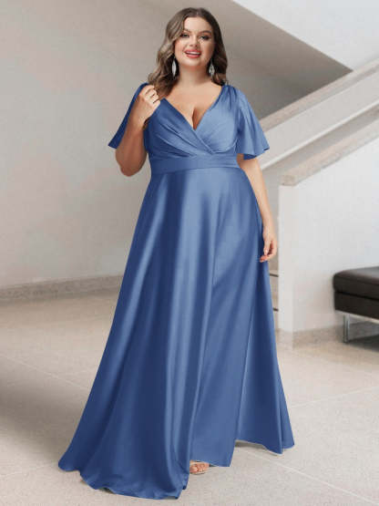 Plus Size Silk Satin Bridesmaid Dress with Pockets – A-Line Princess V-Neck Short Sleeves