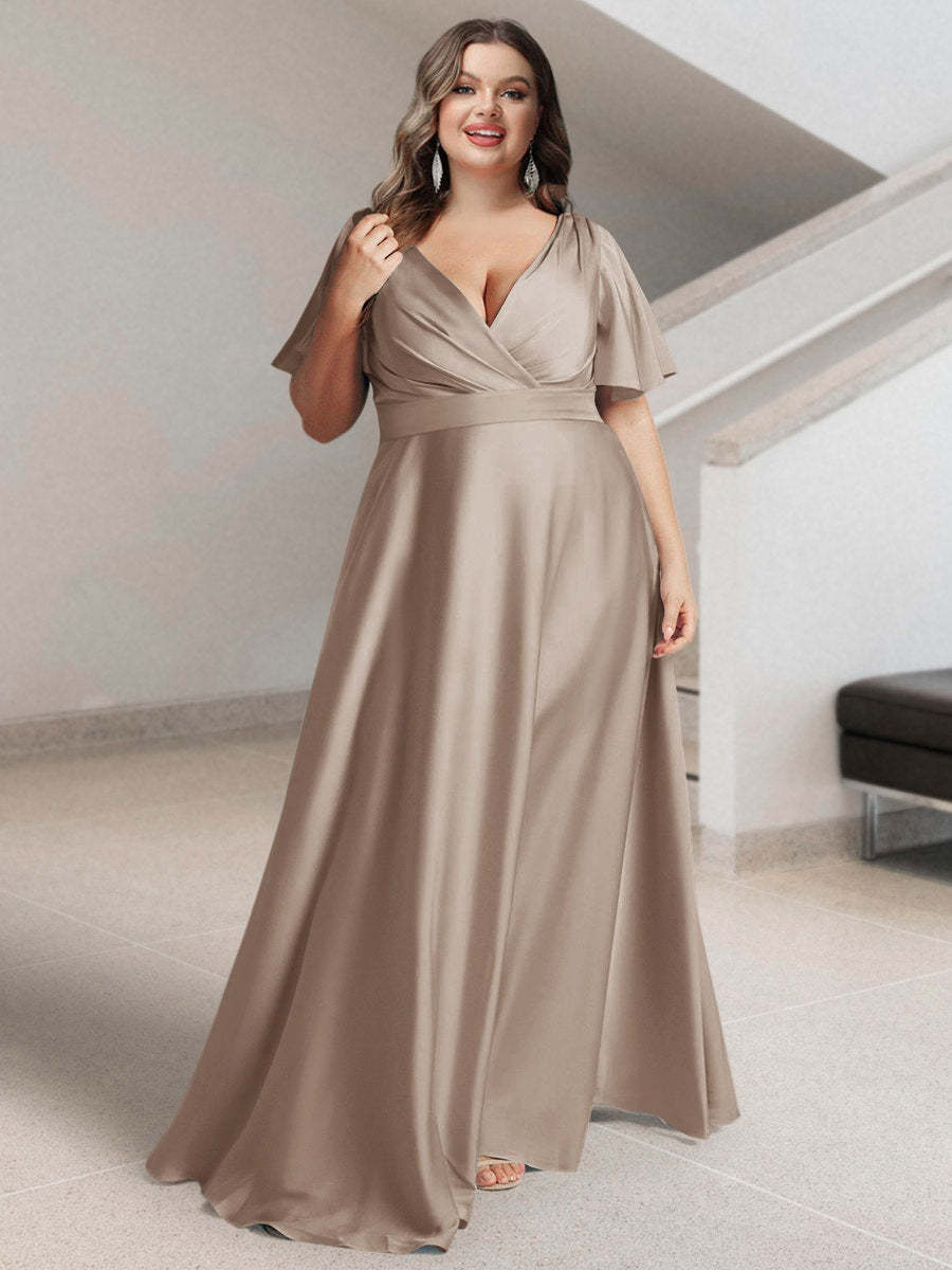 Plus Size Silk Satin Bridesmaid Dress with Pockets – A-Line Princess V-Neck Short Sleeves