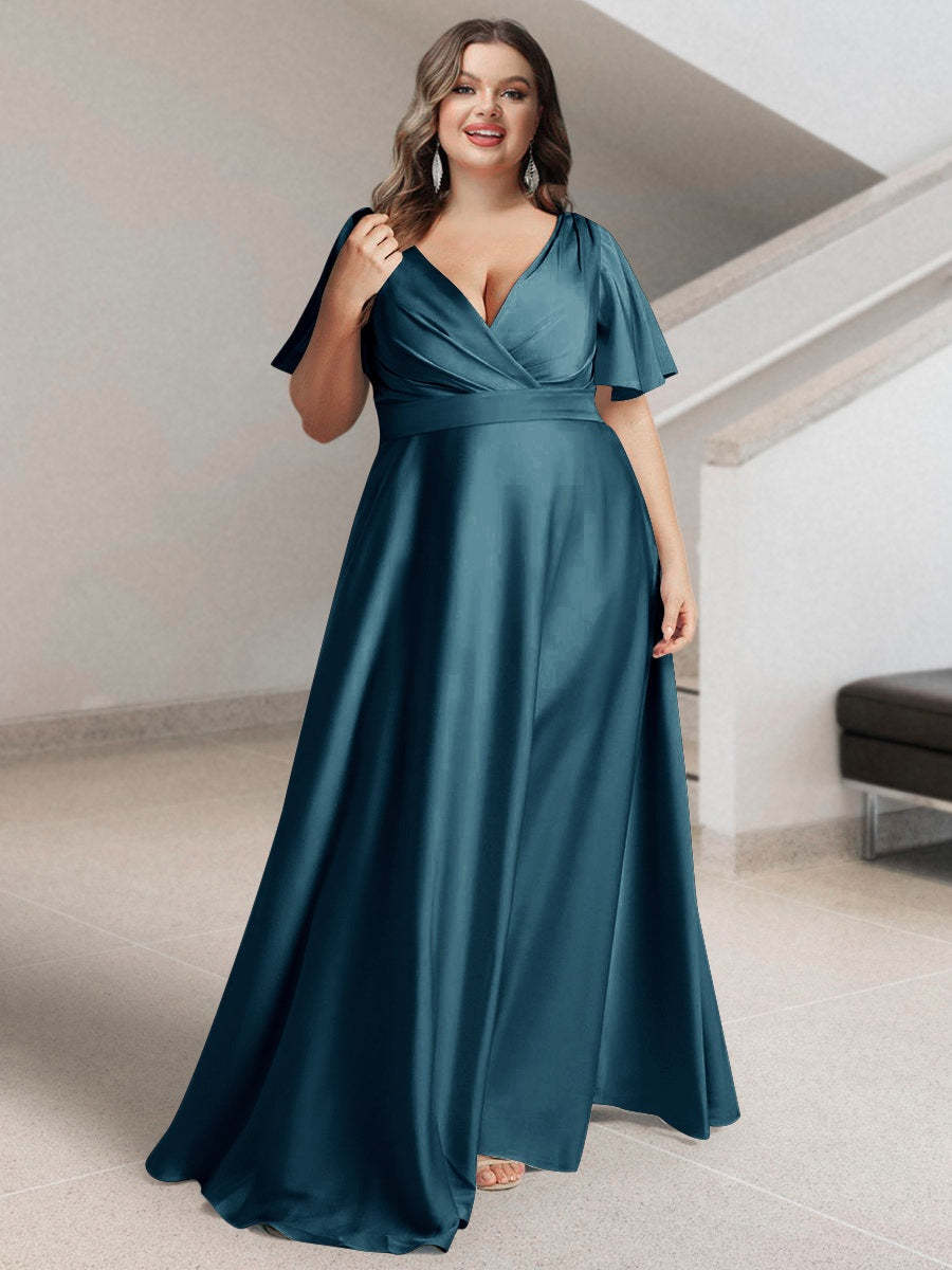 Plus Size Silk Satin Bridesmaid Dress with Pockets – A-Line Princess V-Neck Short Sleeves