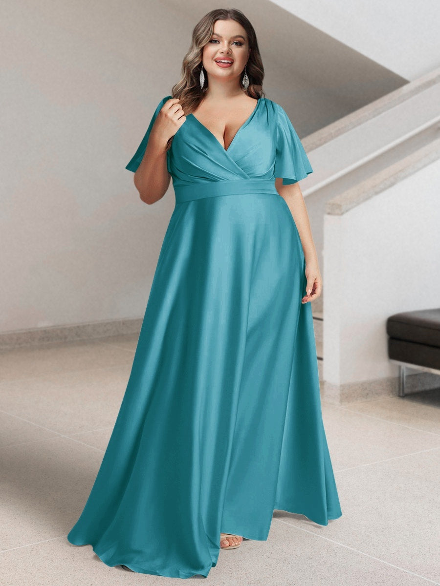 Plus Size Silk Satin Bridesmaid Dress with Pockets – A-Line Princess V-Neck Short Sleeves