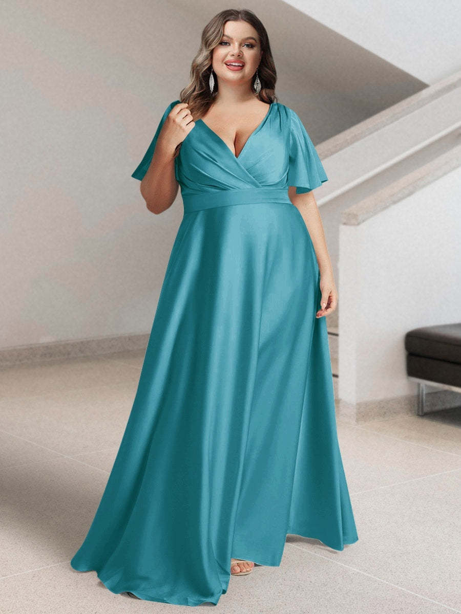 Plus Size Silk Satin Bridesmaid Dress with Pockets – A-Line Princess V-Neck Short Sleeves