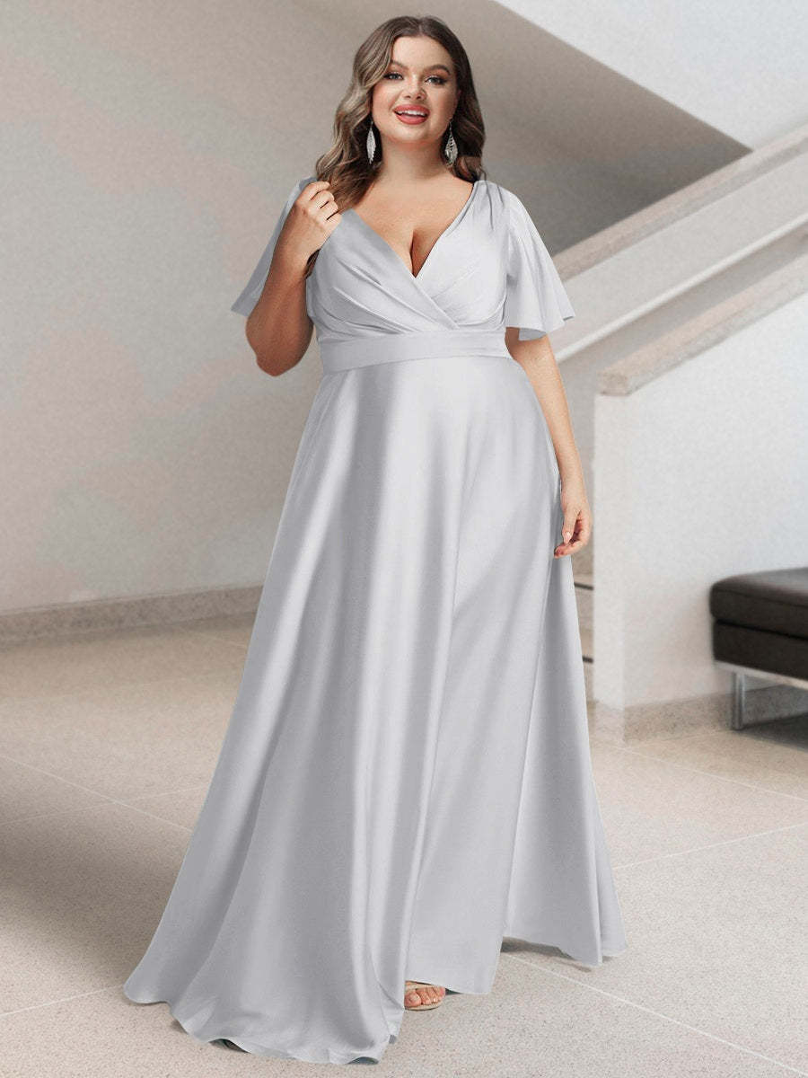 Plus Size Silk Satin Bridesmaid Dress with Pockets – A-Line Princess V-Neck Short Sleeves