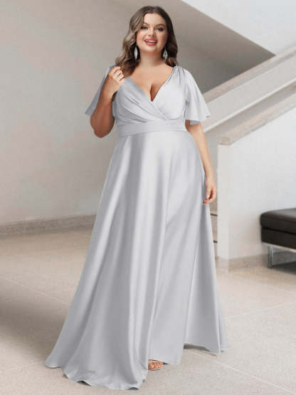 Plus Size Silk Satin Bridesmaid Dress with Pockets – A-Line Princess V-Neck Short Sleeves