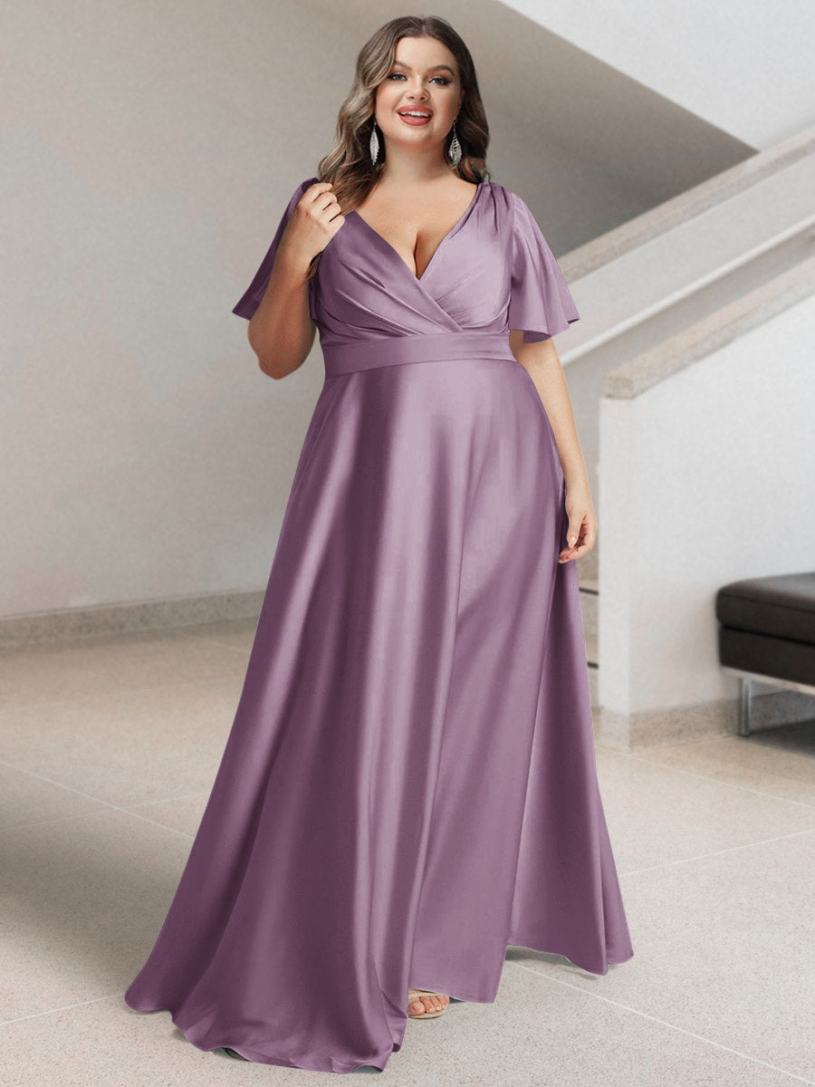 Plus Size Silk Satin Bridesmaid Dress with Pockets – A-Line Princess V-Neck Short Sleeves
