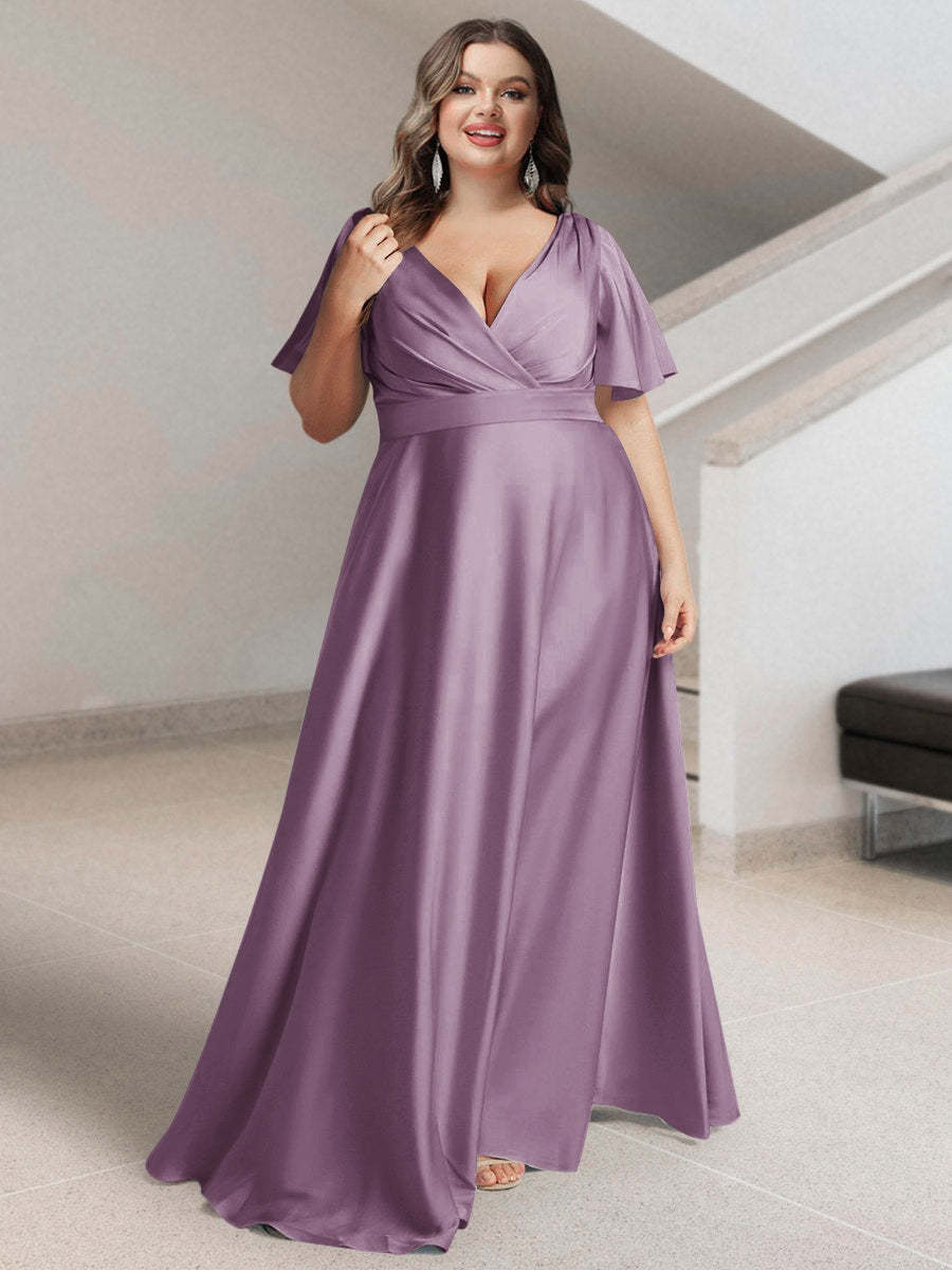 Plus Size Silk Satin Bridesmaid Dress with Pockets – A-Line Princess V-Neck Short Sleeves