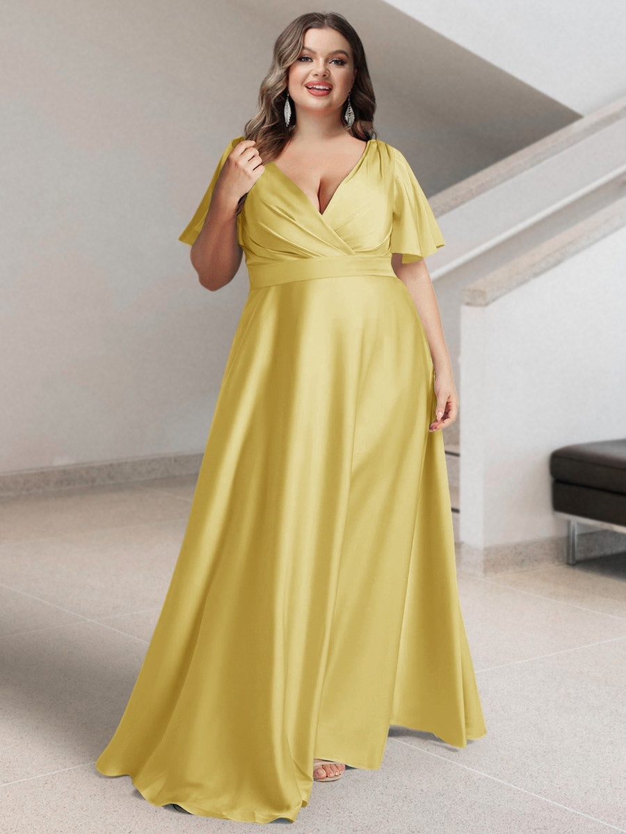 Plus Size Silk Satin Bridesmaid Dress with Pockets – A-Line Princess V-Neck Short Sleeves