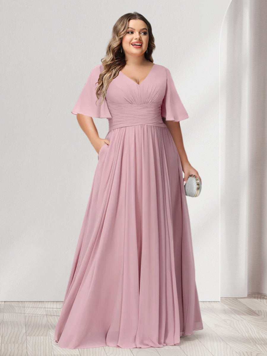 Plus Size Chiffon Bridesmaid Dresses with Pockets, A-Line/Princess V-Neck and Half Sleeves