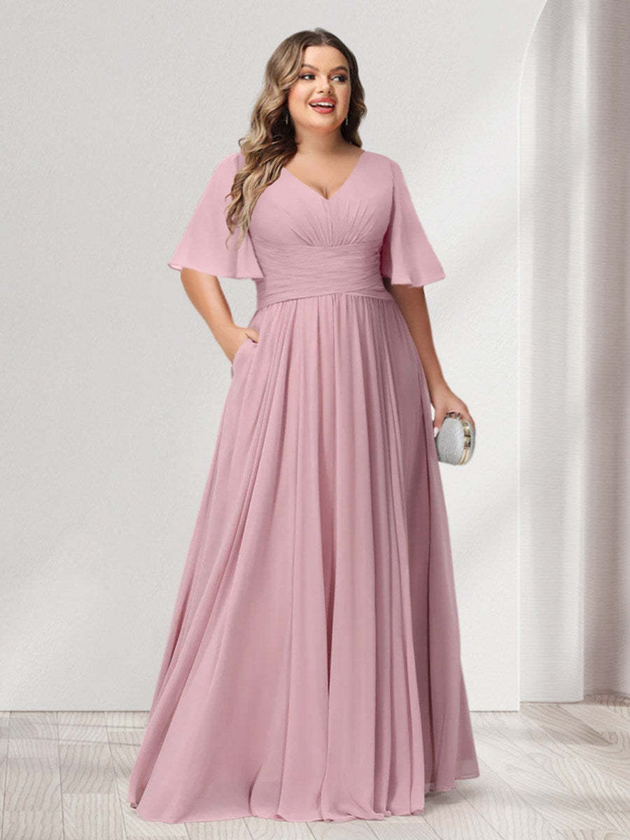 Plus Size Chiffon Bridesmaid Dresses with Pockets, A-Line/Princess V-Neck and Half Sleeves