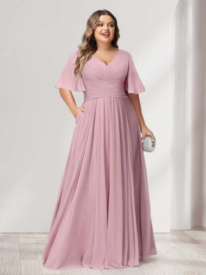 Plus Size Chiffon Bridesmaid Dresses with Pockets, A-Line/Princess V-Neck and Half Sleeves