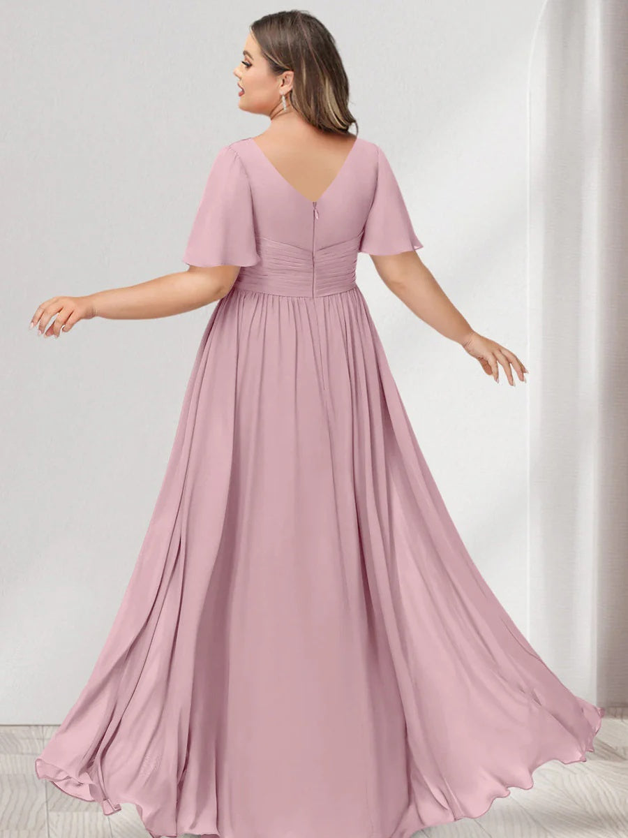 Plus Size Chiffon Bridesmaid Dresses with Pockets, A-Line/Princess V-Neck and Half Sleeves