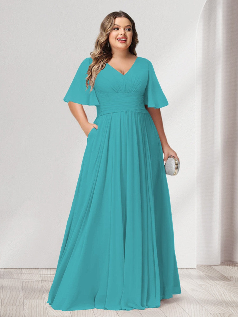 Plus Size Chiffon Bridesmaid Dresses with Pockets, A-Line/Princess V-Neck and Half Sleeves