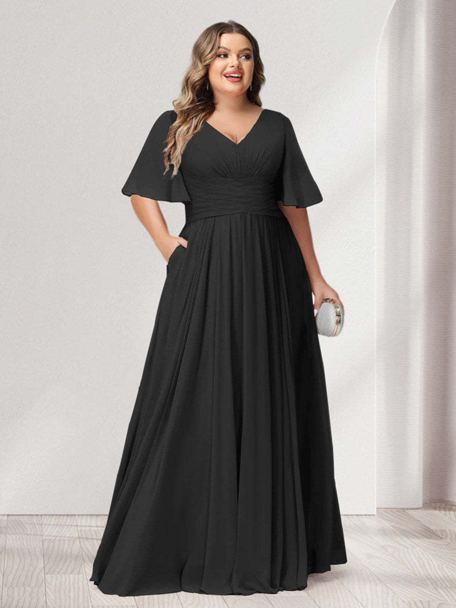 Plus Size Chiffon Bridesmaid Dresses with Pockets, A-Line/Princess V-Neck and Half Sleeves
