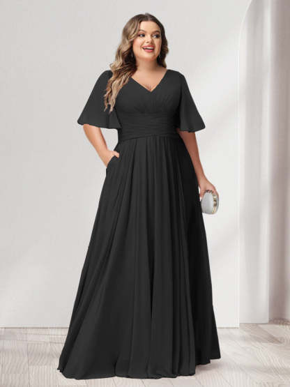 Plus Size Chiffon Bridesmaid Dresses with Pockets, A-Line/Princess V-Neck and Half Sleeves