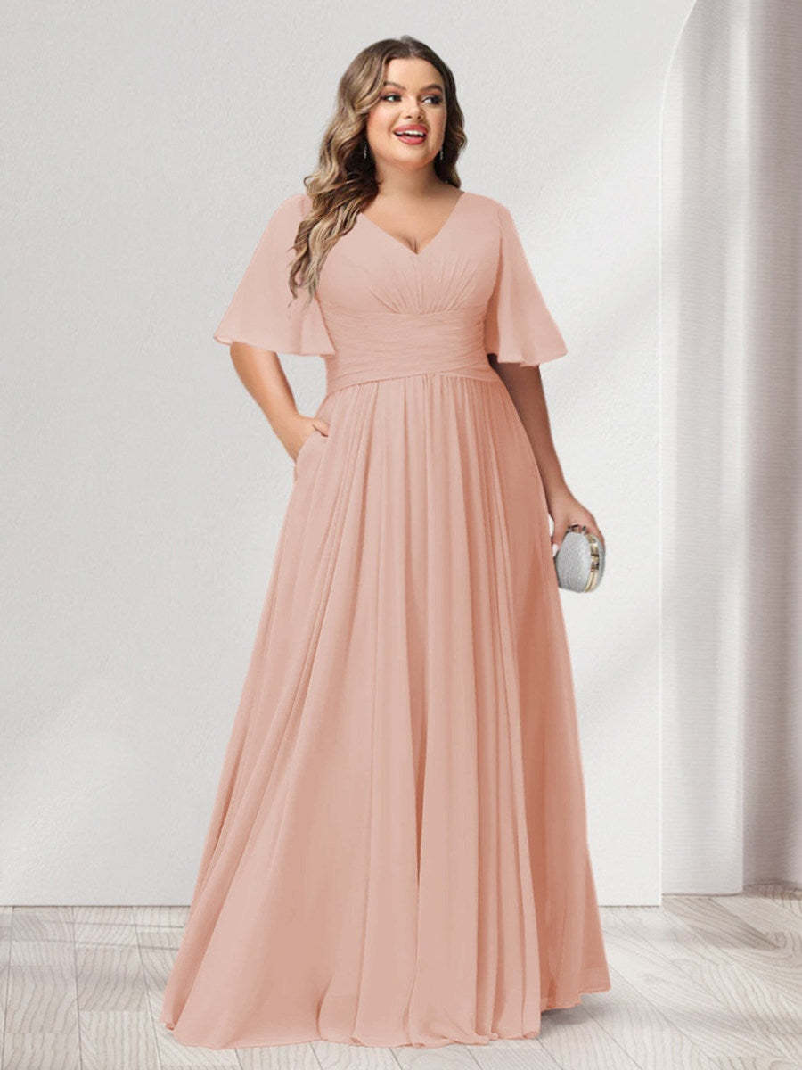 Plus Size Chiffon Bridesmaid Dresses with Pockets, A-Line/Princess V-Neck and Half Sleeves