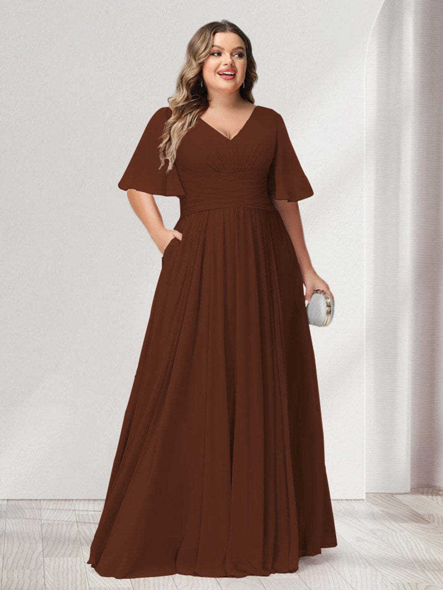 Plus Size Chiffon Bridesmaid Dresses with Pockets, A-Line/Princess V-Neck and Half Sleeves