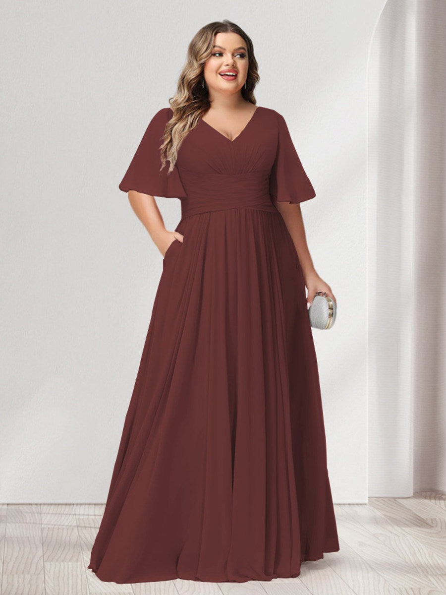 Plus Size Chiffon Bridesmaid Dresses with Pockets, A-Line/Princess V-Neck and Half Sleeves