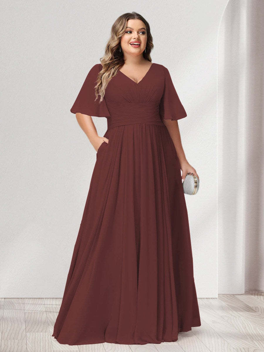 Plus Size Chiffon Bridesmaid Dresses with Pockets, A-Line/Princess V-Neck and Half Sleeves