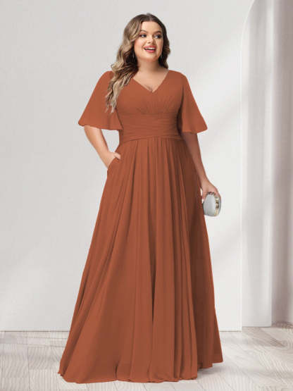 Plus Size Chiffon Bridesmaid Dresses with Pockets, A-Line/Princess V-Neck and Half Sleeves