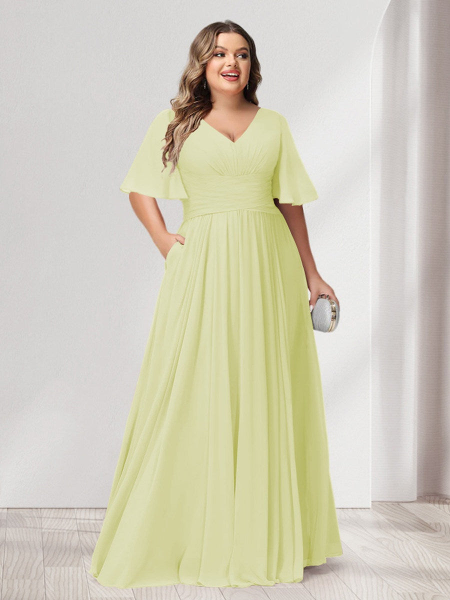 Plus Size Chiffon Bridesmaid Dresses with Pockets, A-Line/Princess V-Neck and Half Sleeves
