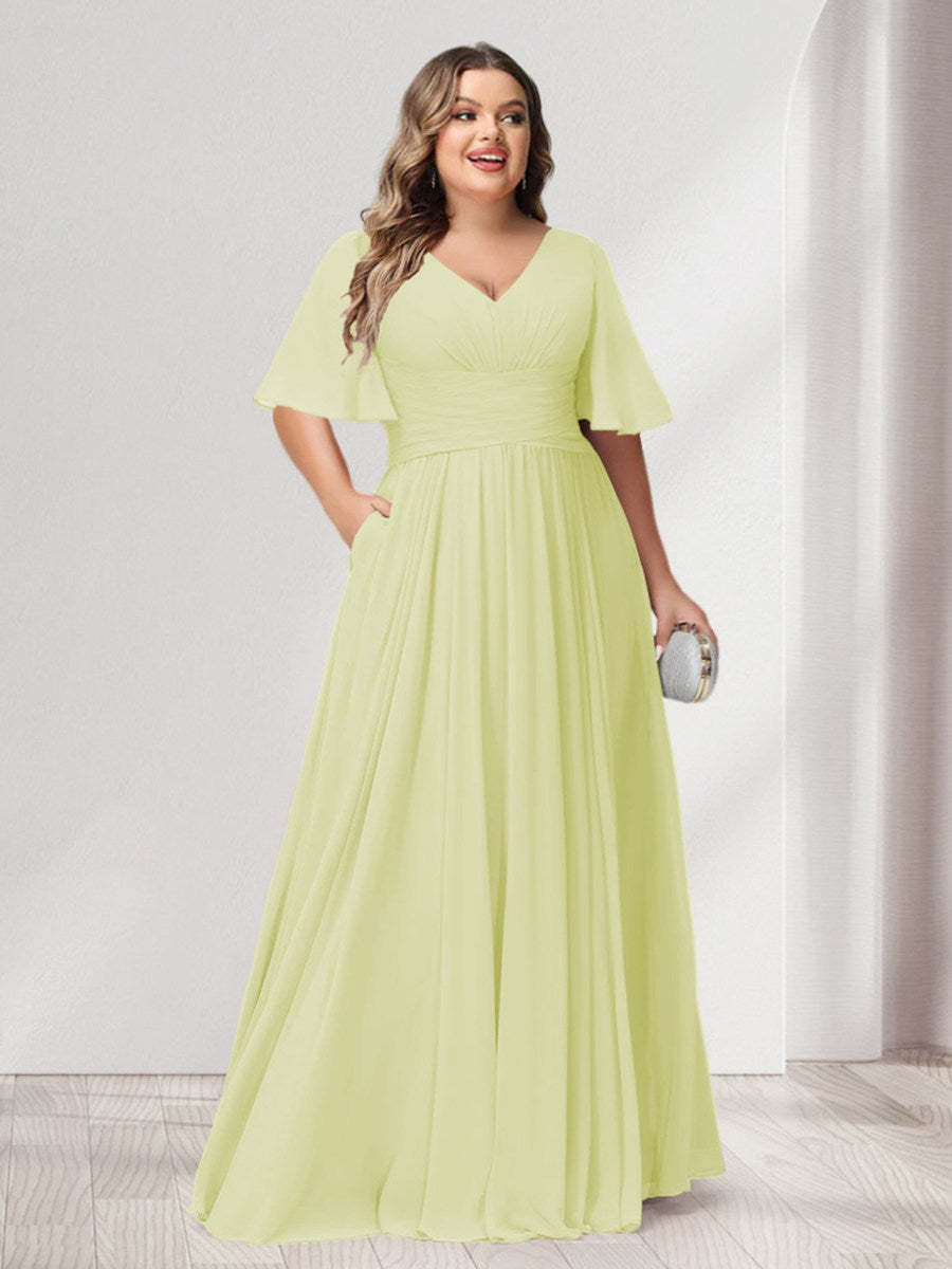 Plus Size Chiffon Bridesmaid Dresses with Pockets, A-Line/Princess V-Neck and Half Sleeves