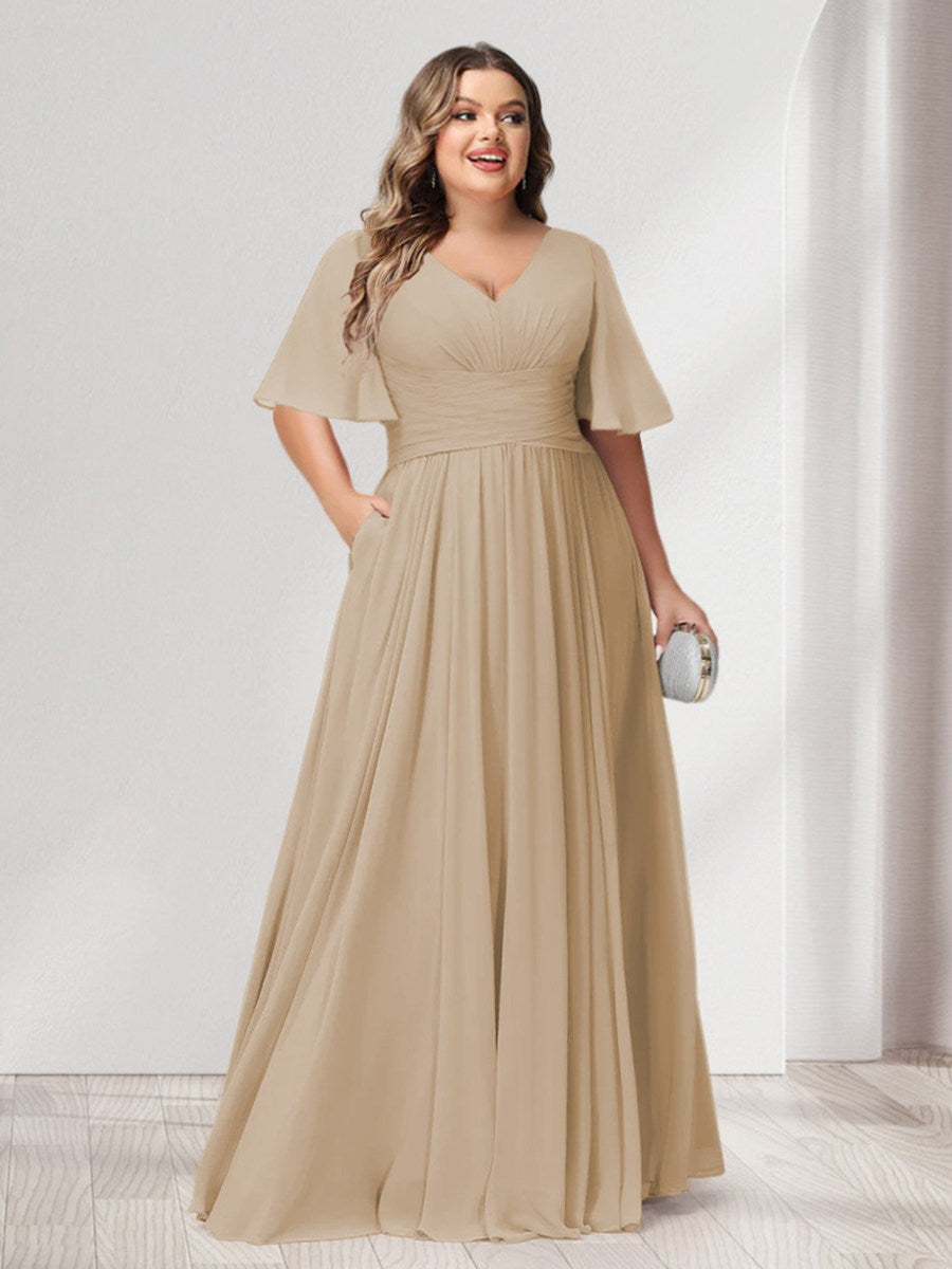 Plus Size Chiffon Bridesmaid Dresses with Pockets, A-Line/Princess V-Neck and Half Sleeves