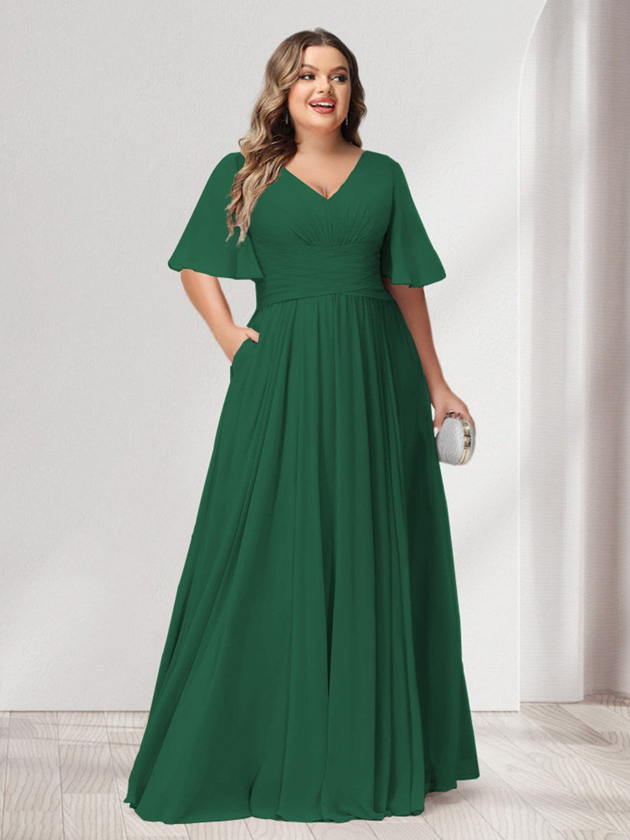 Plus Size Chiffon Bridesmaid Dresses with Pockets, A-Line/Princess V-Neck and Half Sleeves