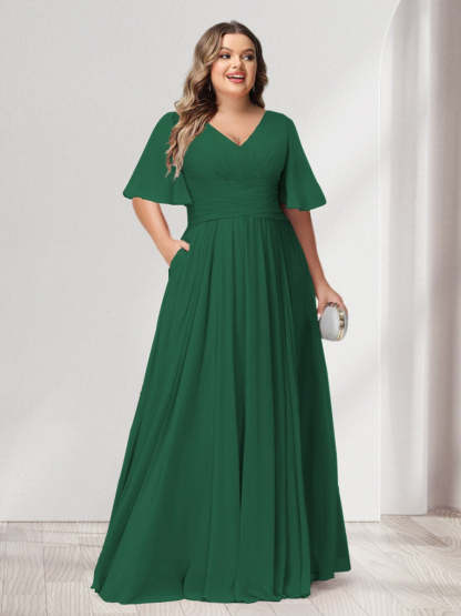 Plus Size Chiffon Bridesmaid Dresses with Pockets, A-Line/Princess V-Neck and Half Sleeves