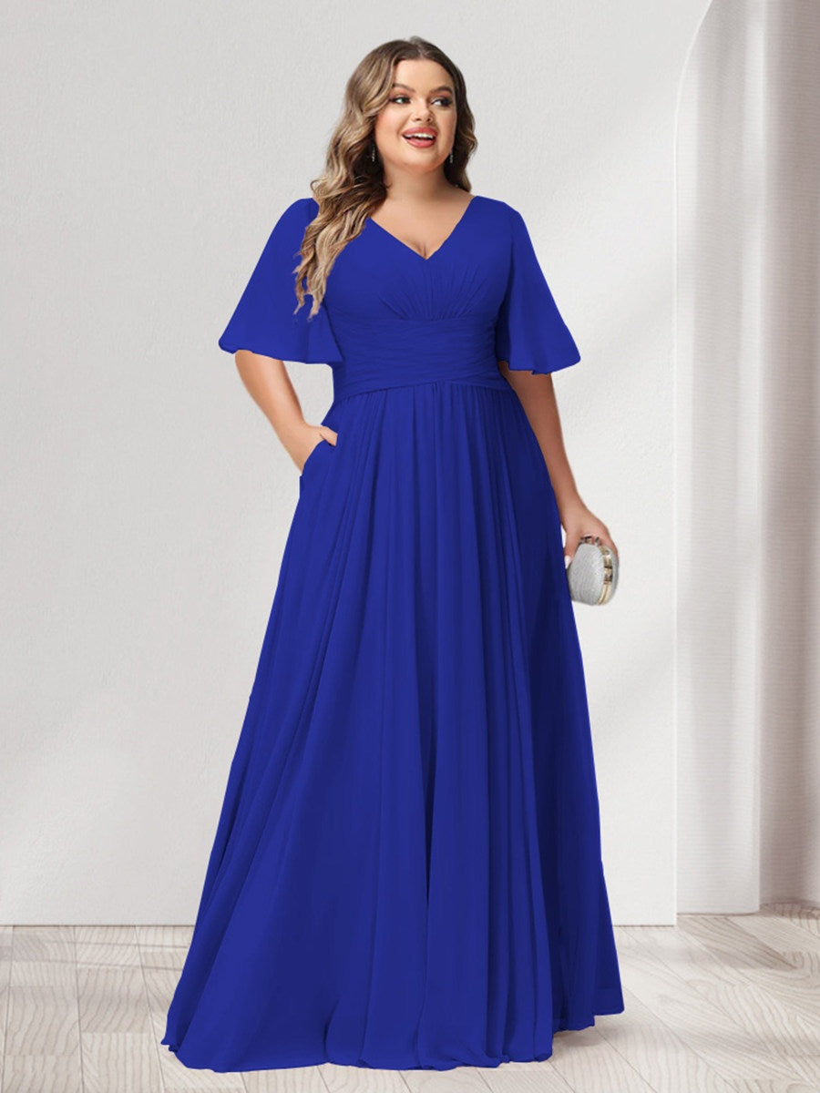 Plus Size Chiffon Bridesmaid Dresses with Pockets, A-Line/Princess V-Neck and Half Sleeves