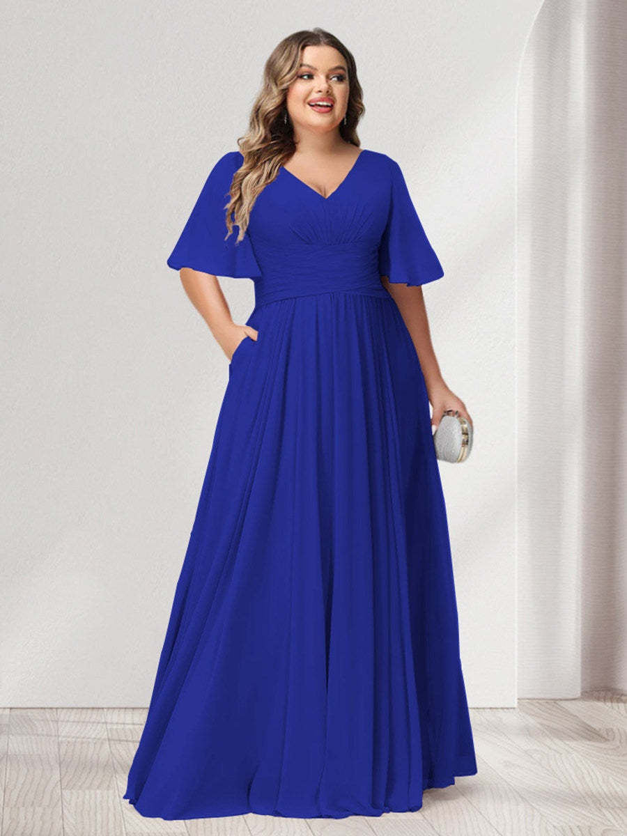Plus Size Chiffon Bridesmaid Dresses with Pockets, A-Line/Princess V-Neck and Half Sleeves