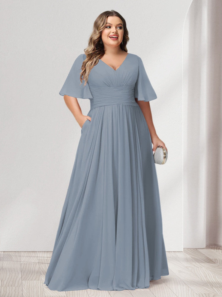 Plus Size Chiffon Bridesmaid Dresses with Pockets, A-Line/Princess V-Neck and Half Sleeves