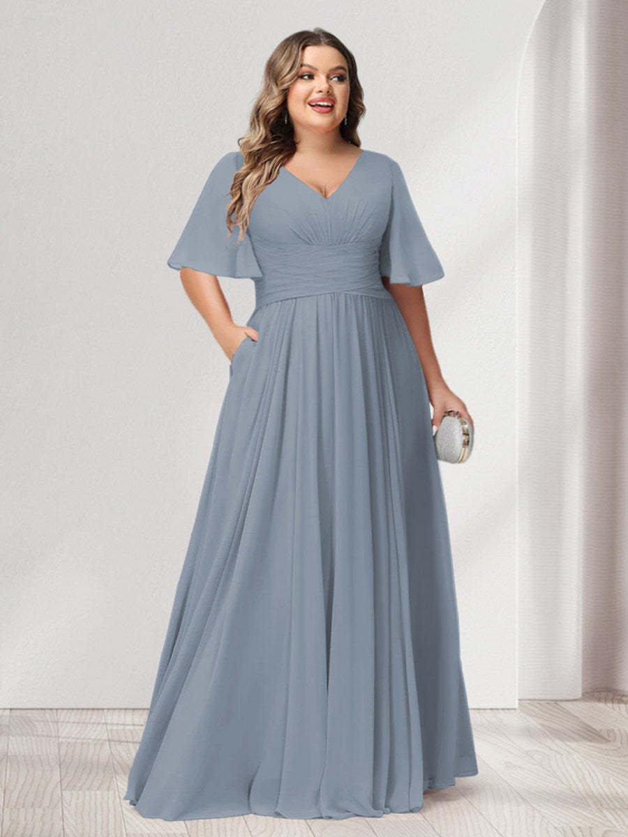 Plus Size Chiffon Bridesmaid Dresses with Pockets, A-Line/Princess V-Neck and Half Sleeves