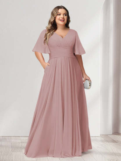Plus Size Chiffon Bridesmaid Dresses with Pockets, A-Line/Princess V-Neck and Half Sleeves