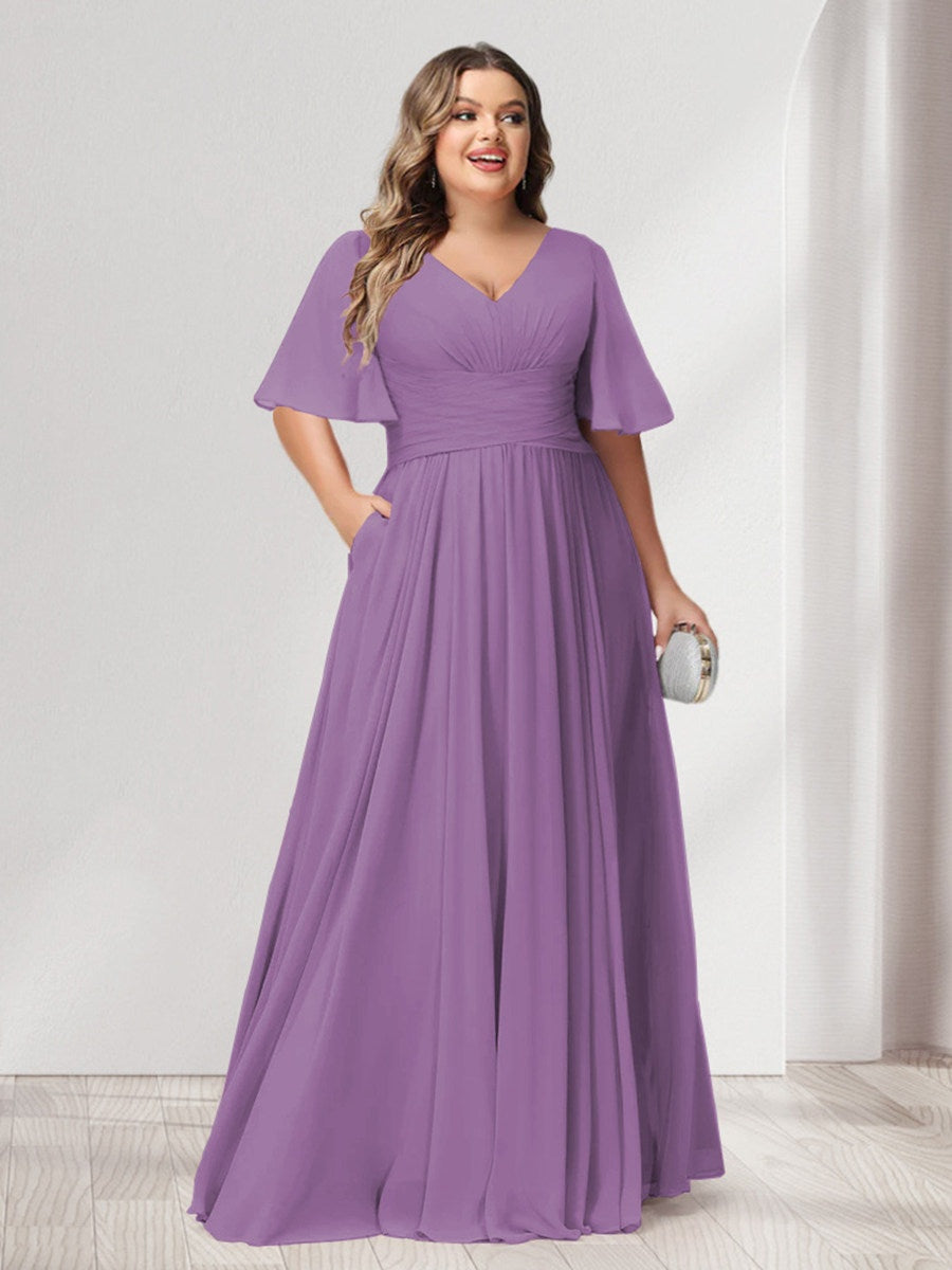 Plus Size Chiffon Bridesmaid Dresses with Pockets, A-Line/Princess V-Neck and Half Sleeves