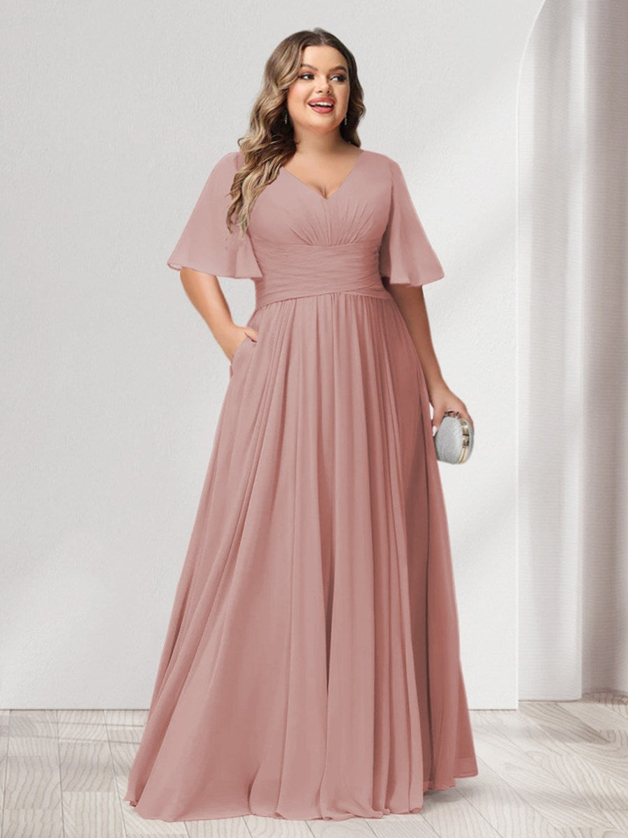 Plus Size Chiffon Bridesmaid Dresses with Pockets, A-Line/Princess V-Neck and Half Sleeves