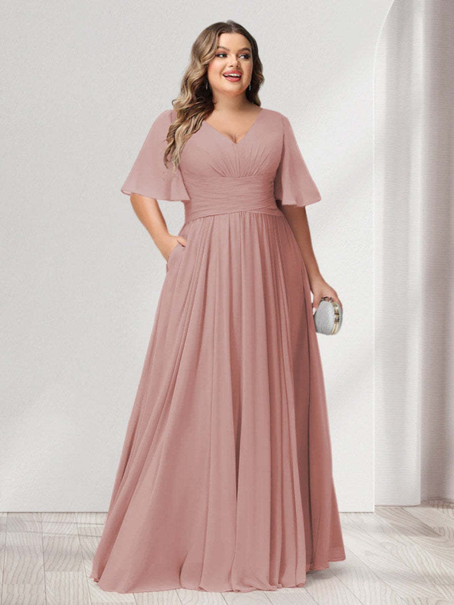 Plus Size Chiffon Bridesmaid Dresses with Pockets, A-Line/Princess V-Neck and Half Sleeves
