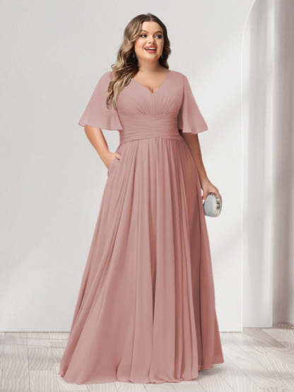 Plus Size Chiffon Bridesmaid Dresses with Pockets, A-Line/Princess V-Neck and Half Sleeves