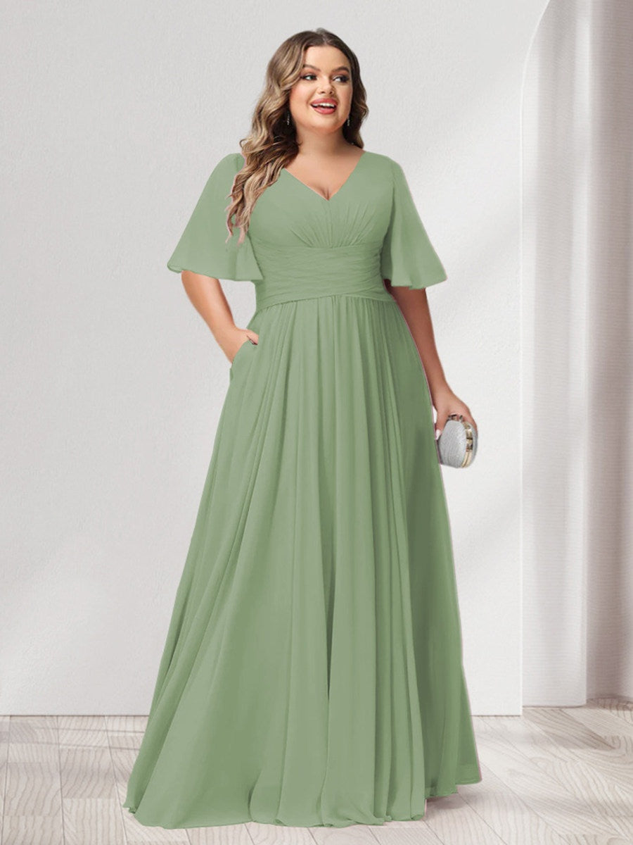 Plus Size Chiffon Bridesmaid Dresses with Pockets, A-Line/Princess V-Neck and Half Sleeves