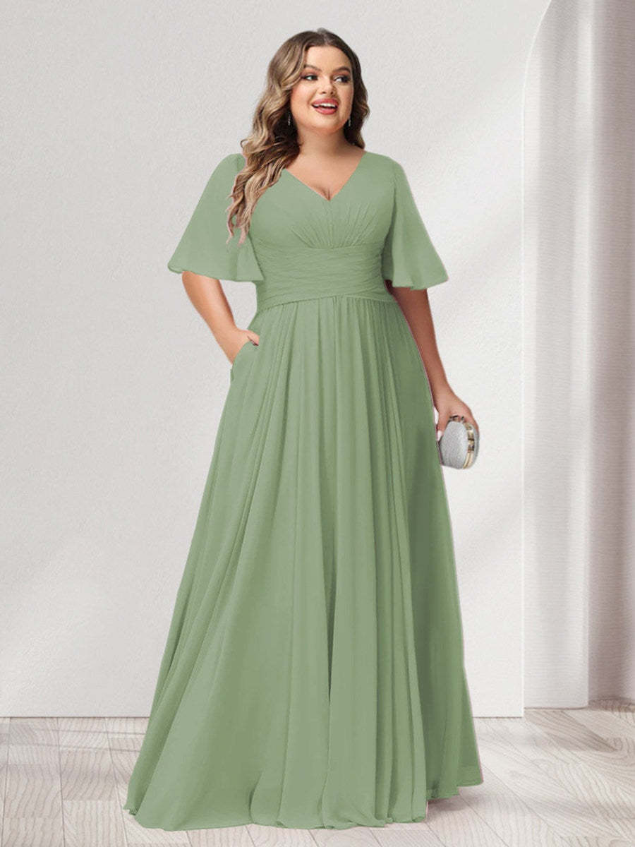 Plus Size Chiffon Bridesmaid Dresses with Pockets, A-Line/Princess V-Neck and Half Sleeves