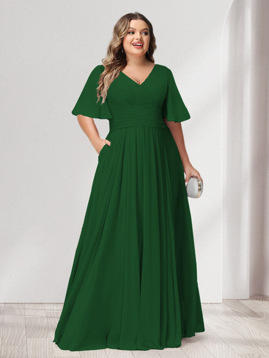 Plus Size Chiffon Bridesmaid Dresses with Pockets, A-Line/Princess V-Neck and Half Sleeves