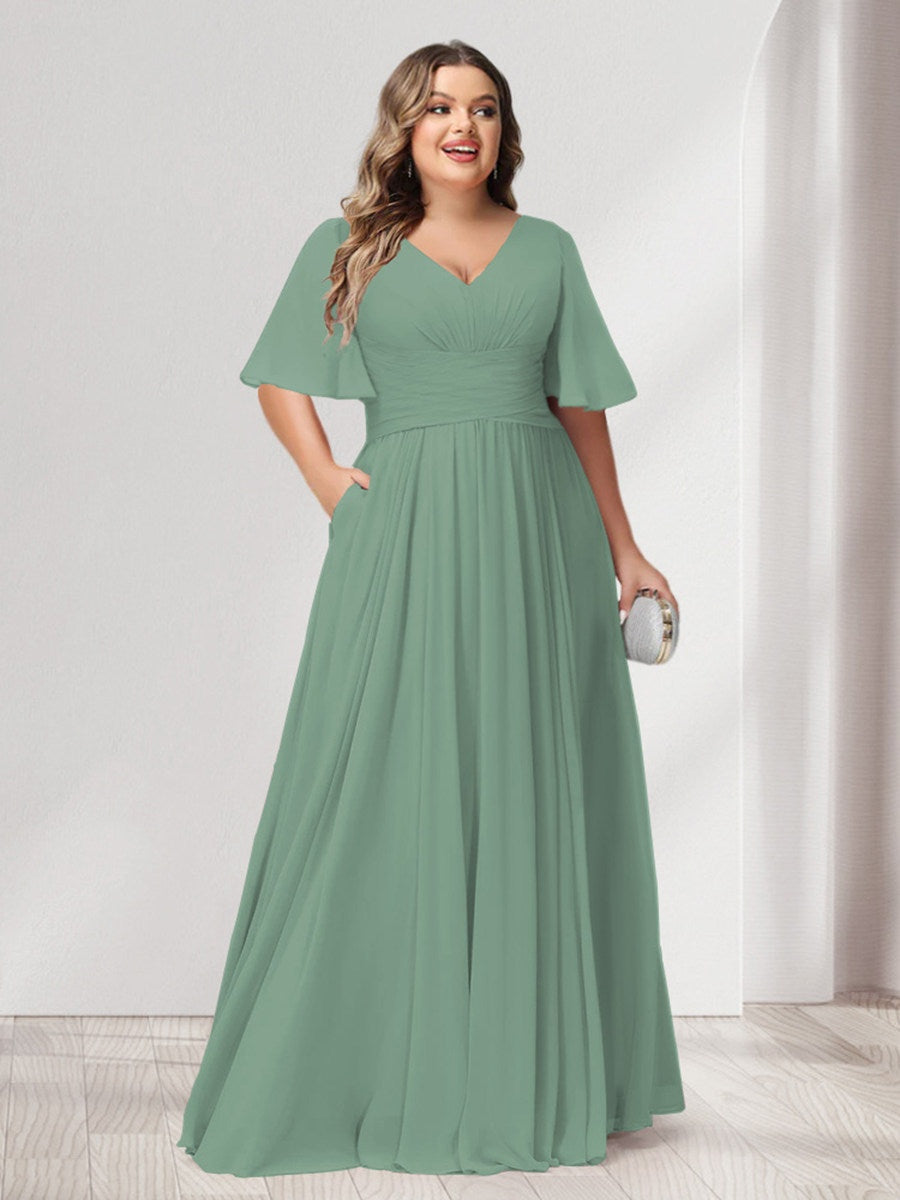 Plus Size Chiffon Bridesmaid Dresses with Pockets, A-Line/Princess V-Neck and Half Sleeves