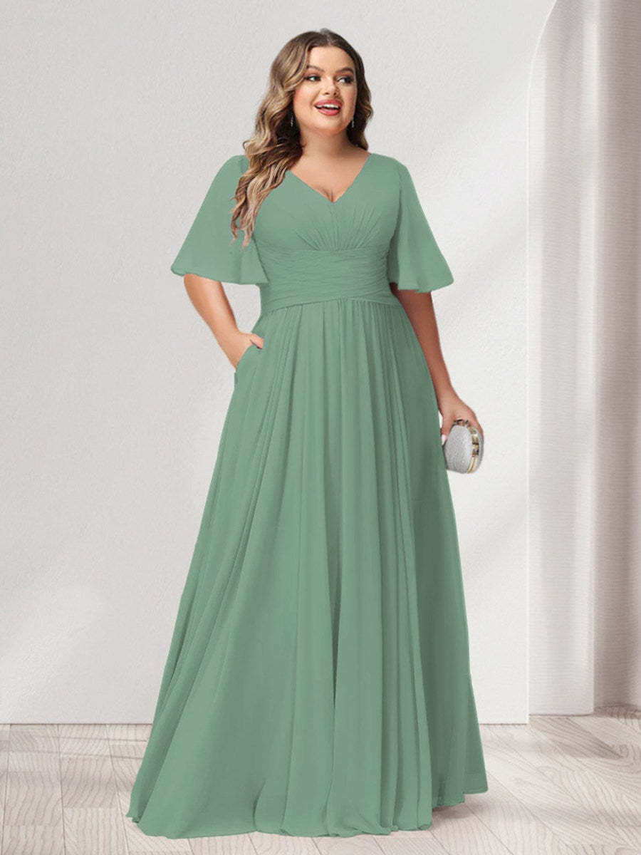Plus Size Chiffon Bridesmaid Dresses with Pockets, A-Line/Princess V-Neck and Half Sleeves