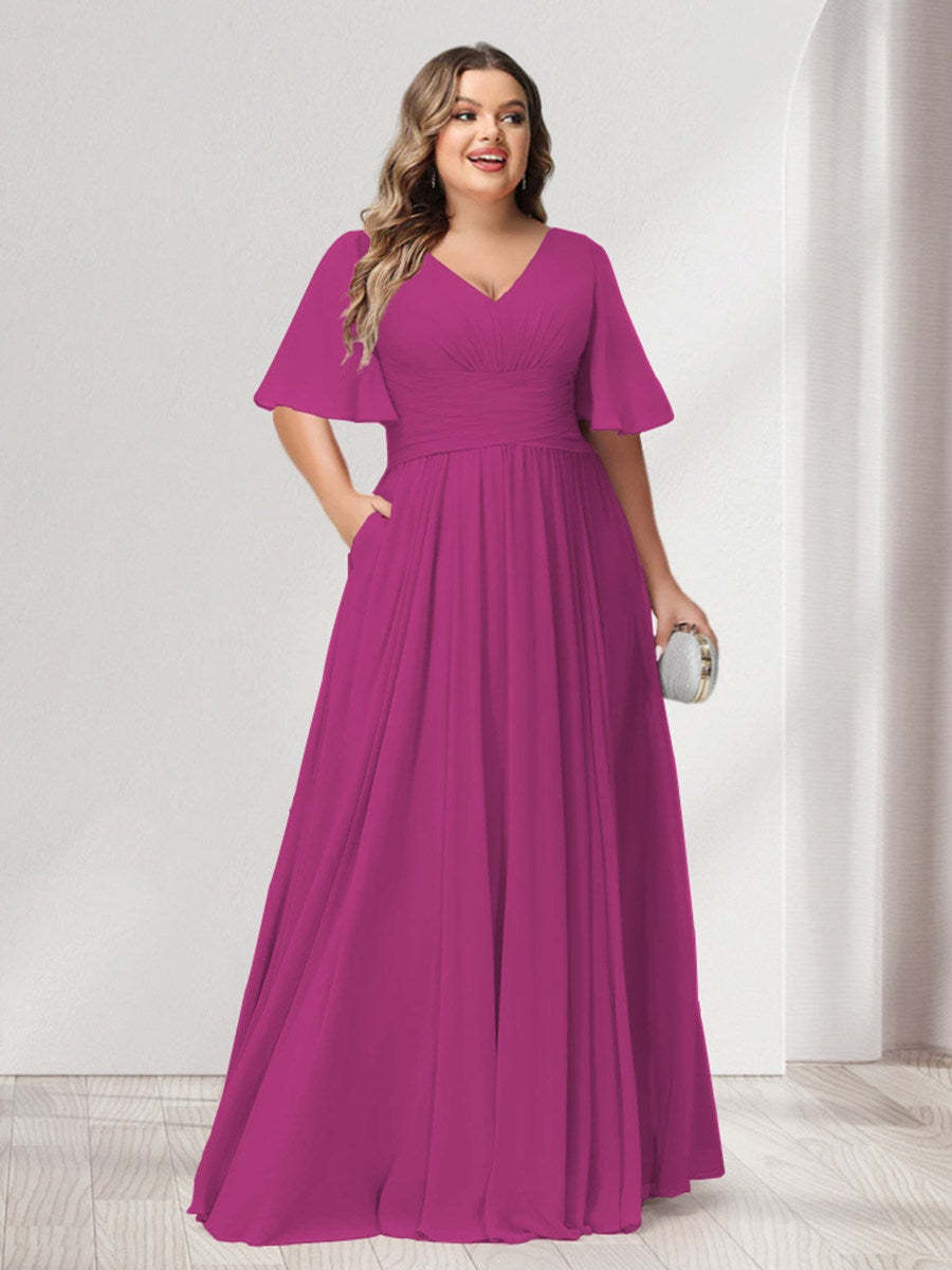 Plus Size Chiffon Bridesmaid Dresses with Pockets, A-Line/Princess V-Neck and Half Sleeves