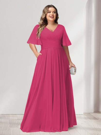 Plus Size Chiffon Bridesmaid Dresses with Pockets, A-Line/Princess V-Neck and Half Sleeves