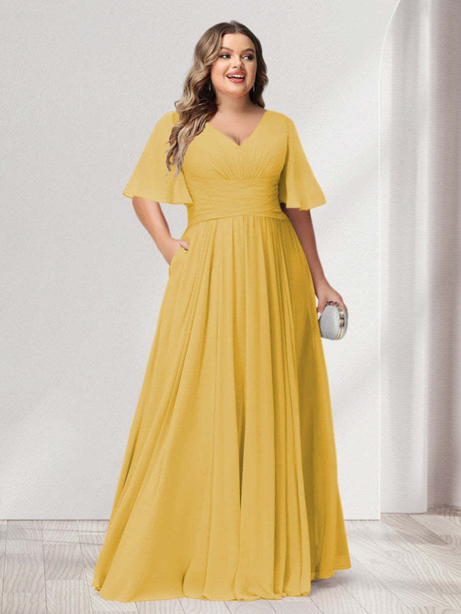 Plus Size Chiffon Bridesmaid Dresses with Pockets, A-Line/Princess V-Neck and Half Sleeves